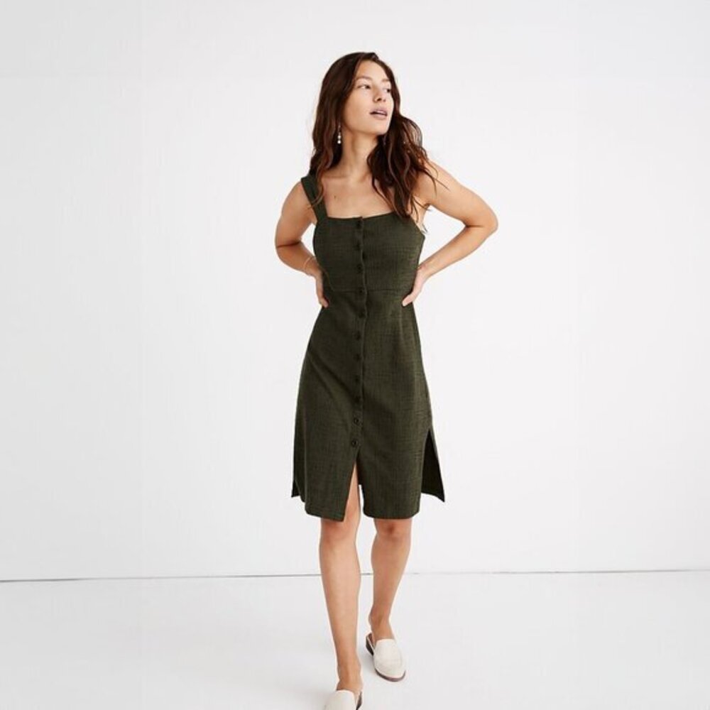 Madewell Texture & Thread Button Front Tank Dress in Green - NWT sz XS